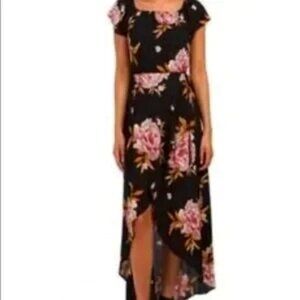 Band of Gypsies Dress Maxi Wrap Black Pink Floral Boho Crinkle Gauze Flutter MED
